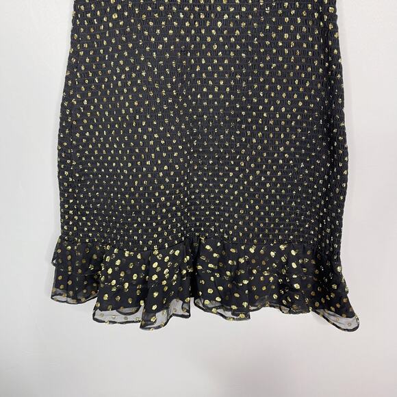 Likely Size 10 Black Gold Zephra Metallic Dot Print Ruffle Mini Dress Cocktail - Picture 7 of 12